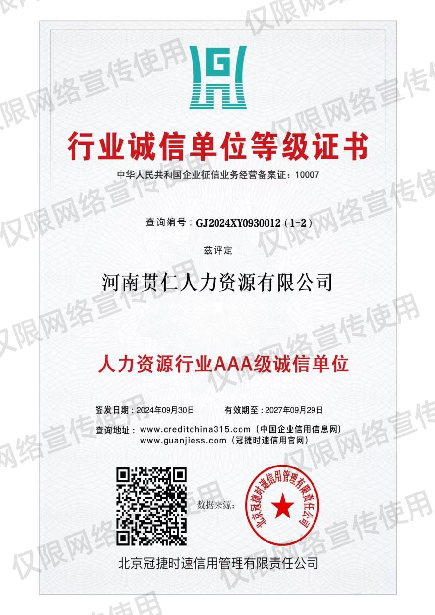 行业诚信单位等级证书